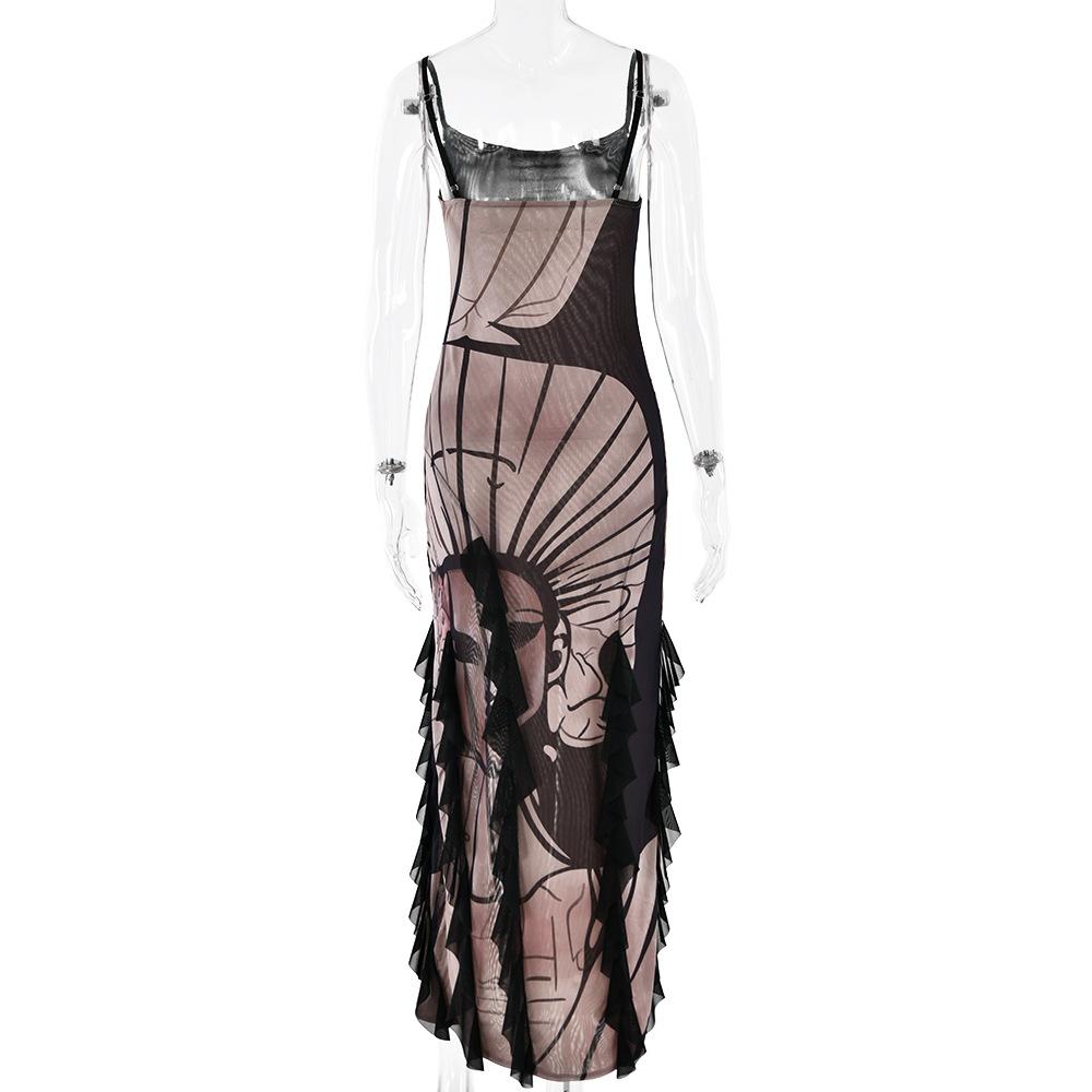 Sheer mesh print abstract ruffle patchwork cami midi dress