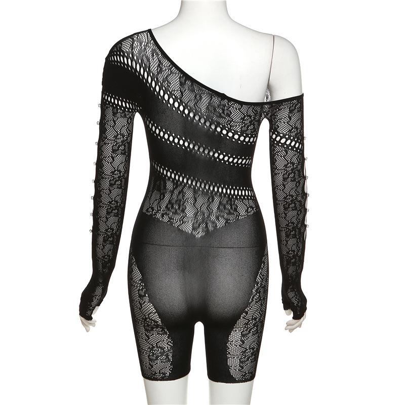 Off shoulder gloves long sleeve lace hollow out button see through romper goth Alternative Darkwave Fashion goth Emo Darkwave Fashion