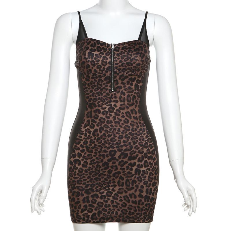 Leopard print zip-up backless cami mini dress