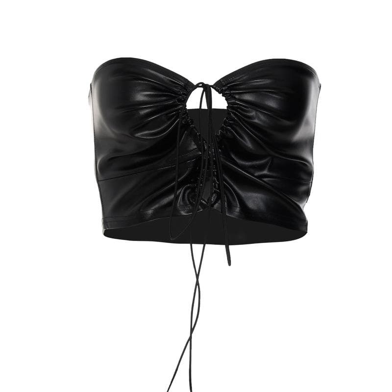 PU drawstring halter 2-way ruched backless solid tube top goth Alternative Darkwave Fashion goth Emo Darkwave Fashion