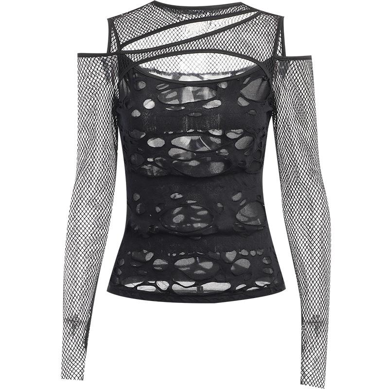 Long sleeve fishnet hollow out irregular see through top