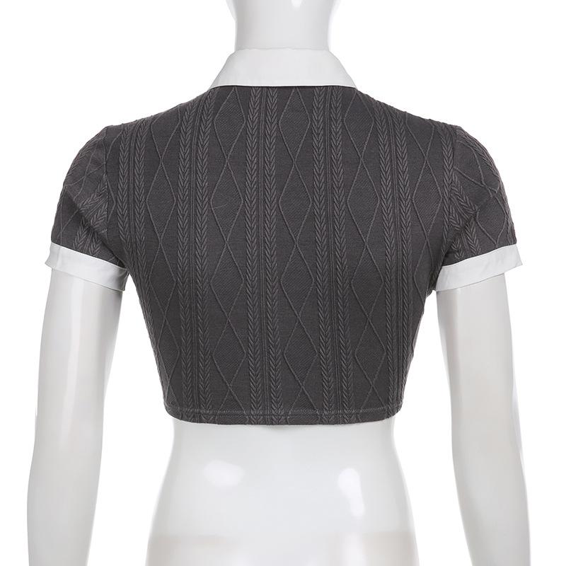 Textured short sleeve patchwork necktie turnover collar crop top y2k 90s Revival Techno Fashion