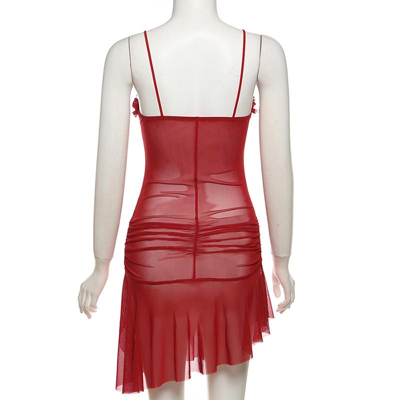 Ruched ruffle slit sheer mesh hollow out cami mini dress