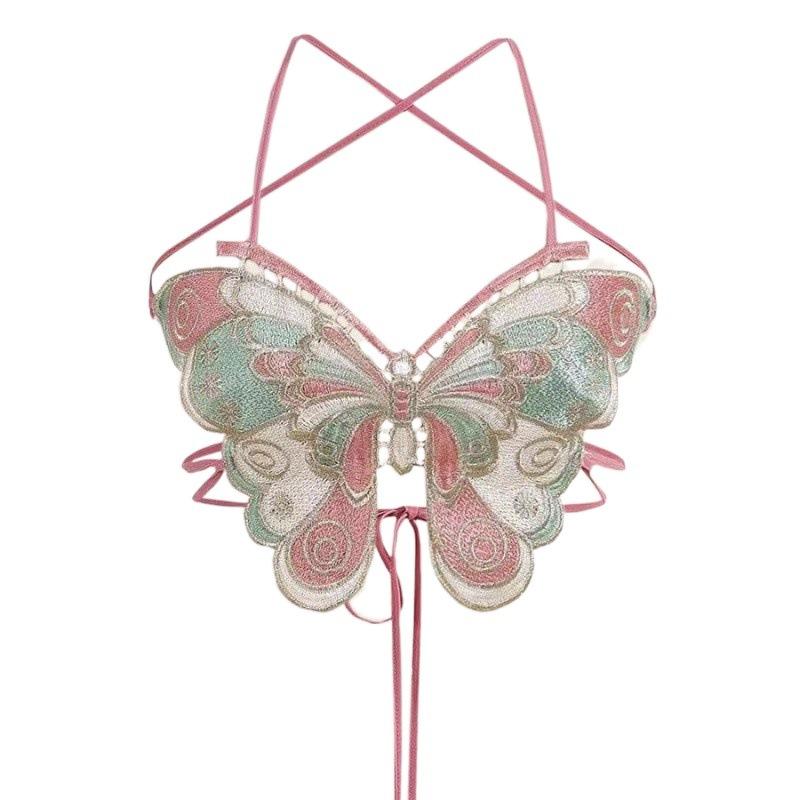 Contrast embroidery butterfly cross backless crop top