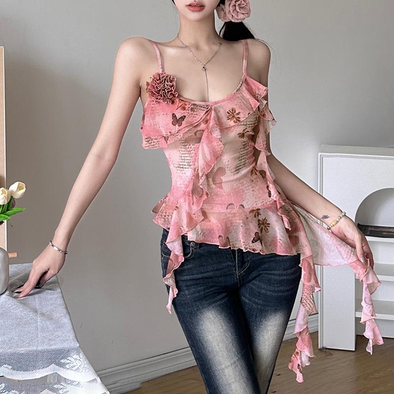 U neck sheer mesh print ruffle flower applique cami top