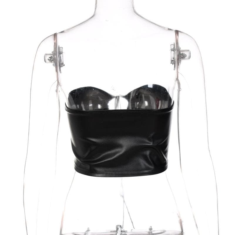 PU drawstring halter 2-way ruched backless solid tube top goth Alternative Darkwave Fashion goth Emo Darkwave Fashion