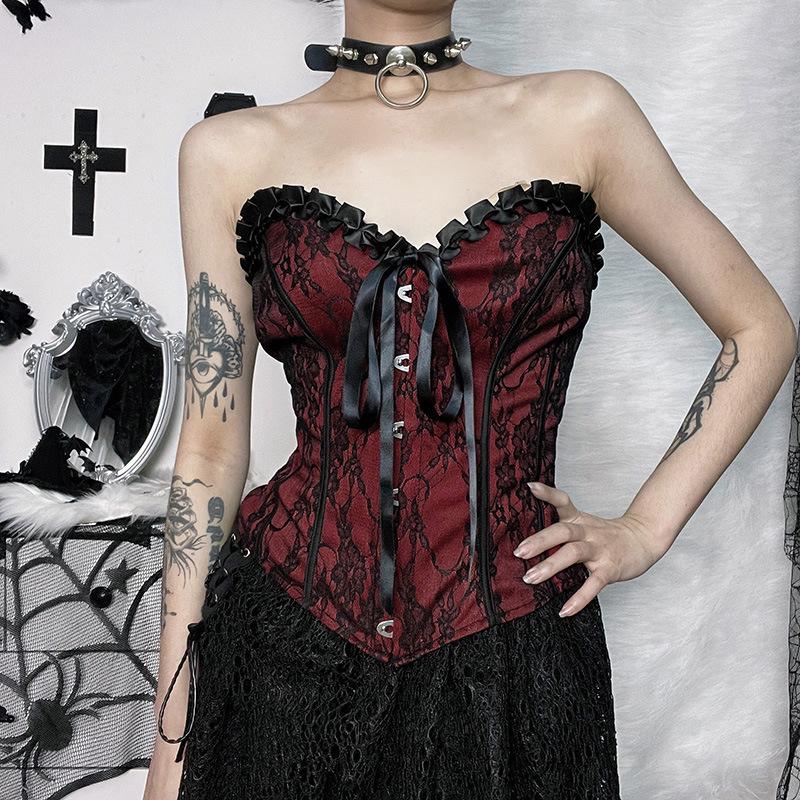 Sweetheart neck backless ruffle button corset contrast top goth Alternative Darkwave Fashion goth Emo Darkwave Fashion