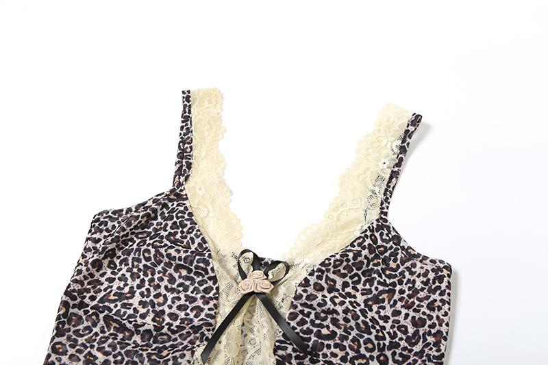 Leopard print lace bowknot rose applique cami top