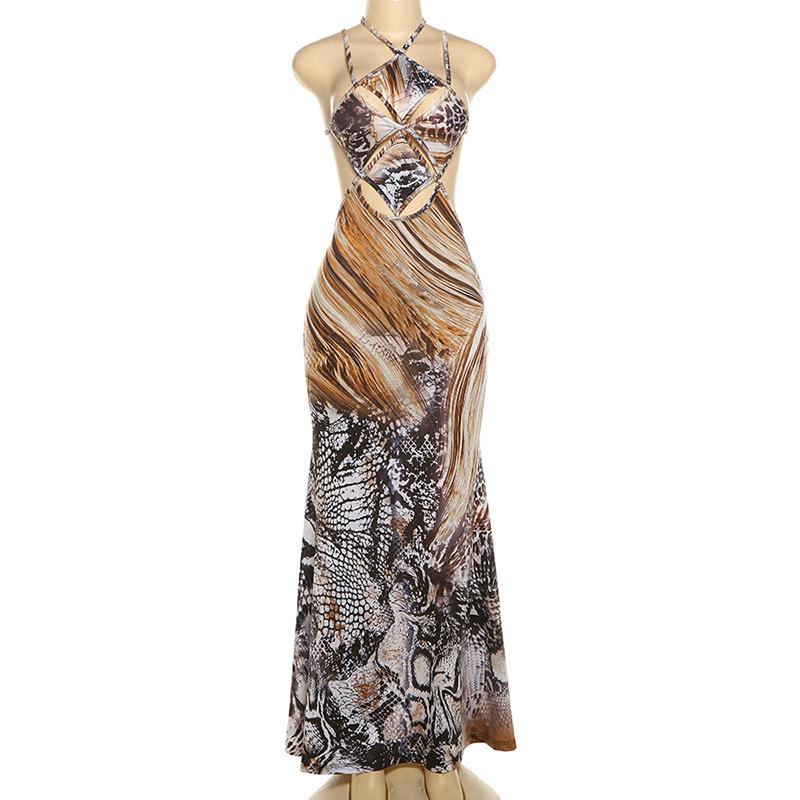 Hollow out snakeskin print halter self tie maxi dress