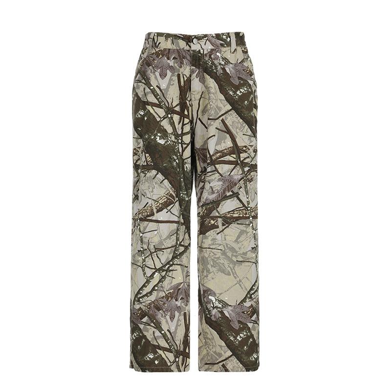 Button pocket zip-up camouflage ruched pant