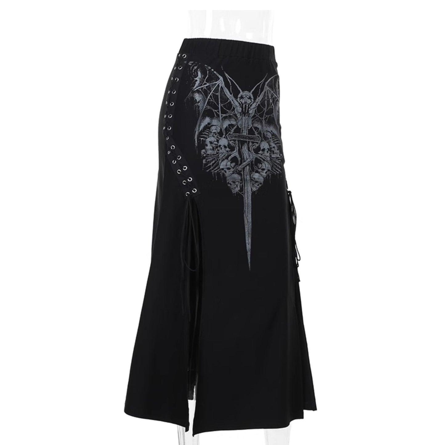 Print lace up slit ruched maxi skirt