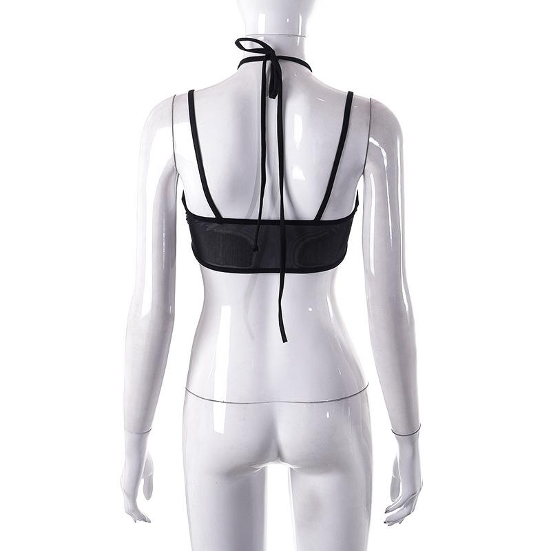 Mesh halter o ring solid hollow out backless patchwork crop top goth Alternative Darkwave Fashion goth Emo Darkwave Fashion