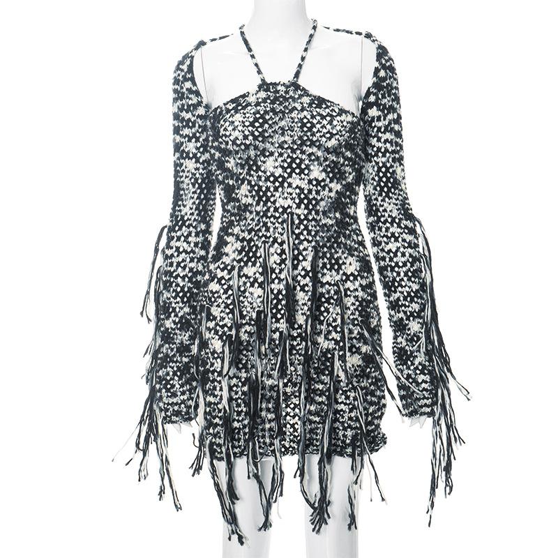 Long sleeve knitted tassels cross back contrast mini dress