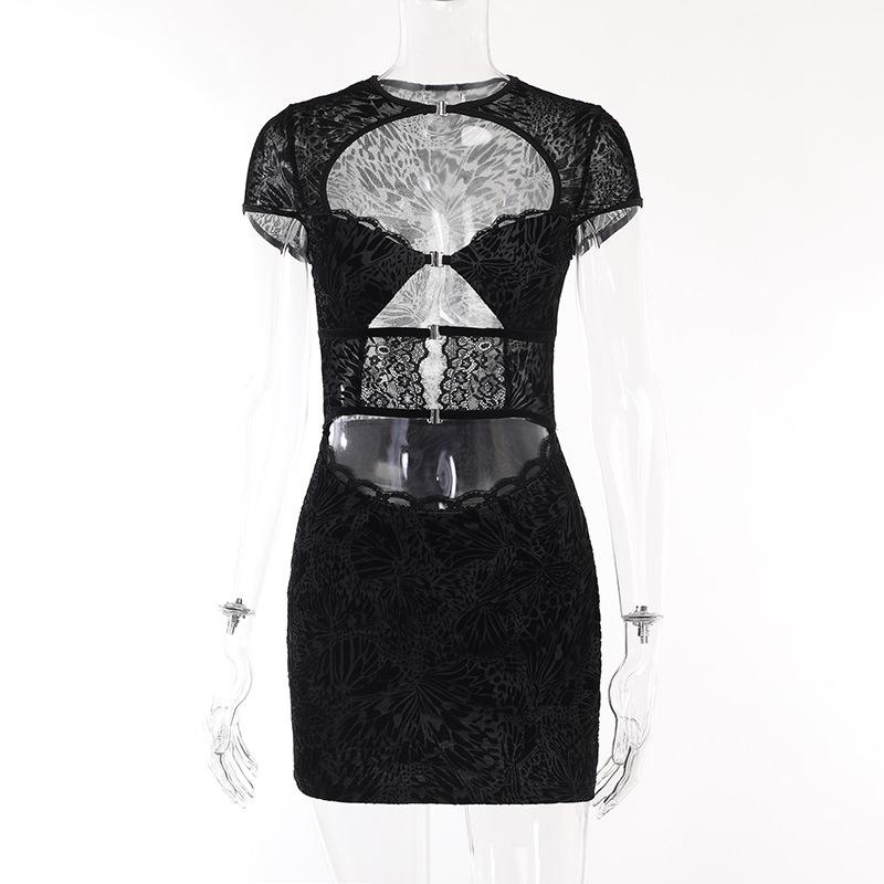 Button short sleeve hollow out textured mini dress goth Emo Darkwave Fashion