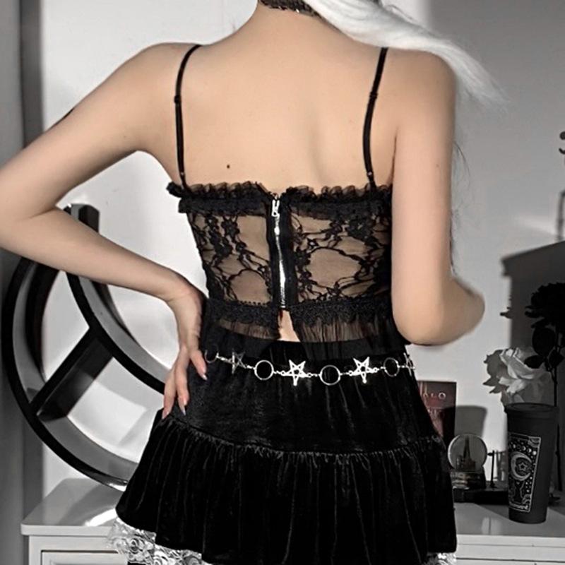 Sleeveless lace hem contrast spider web applique backless crop top goth Alternative Darkwave Fashion goth Emo Darkwave Fashion