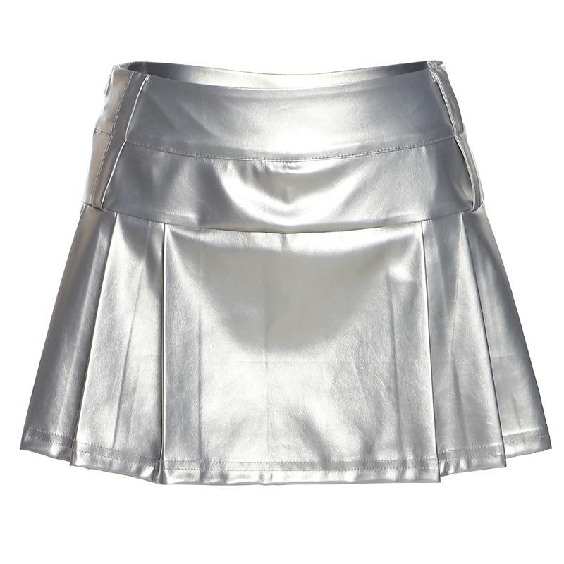 Zip-up metallic pleated medium rise solid mini skirt y2k 90s Revival Techno Fashion