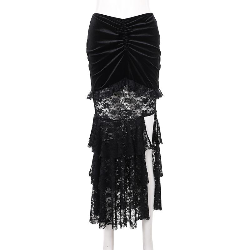 Velvet lace ruched slit midi skirt