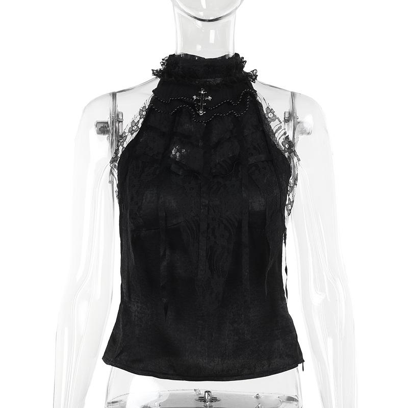 High neck velvet ruffle lace cross applique top