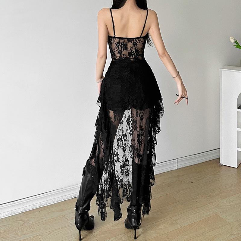 Sweetheart neck lace ruffle see through cami midi dress