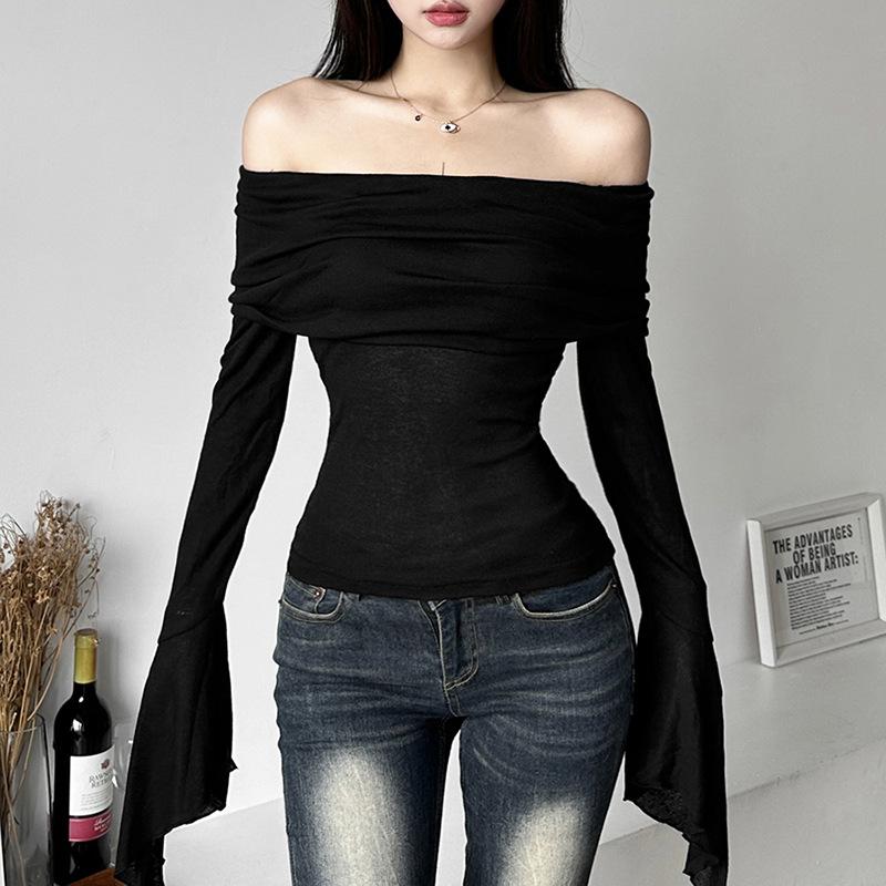 Ruched solid off shoulder long flared sleeve top