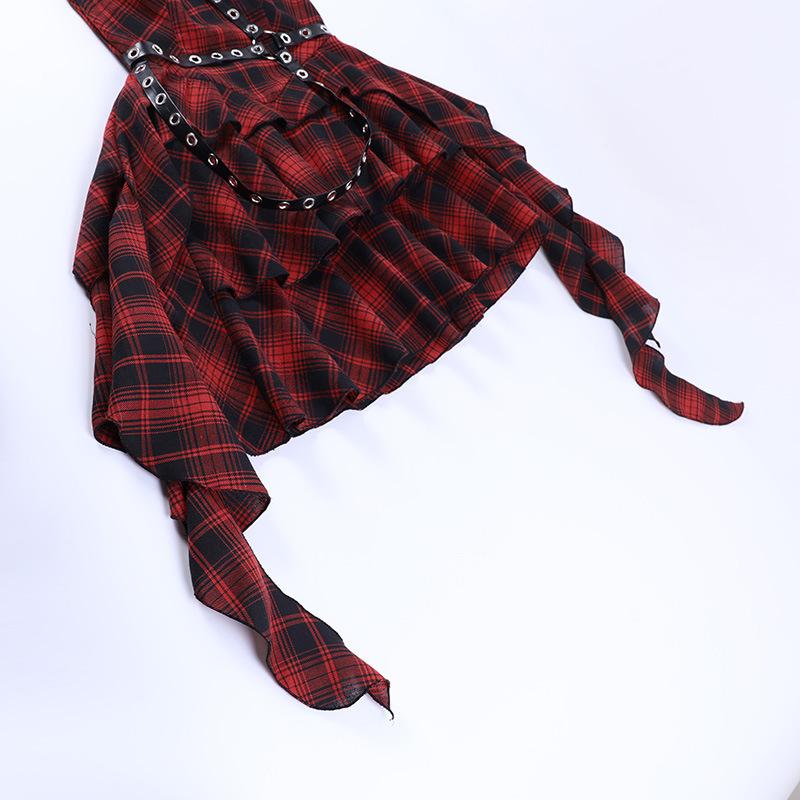 Ruffle plaid zip-up irregular one shoulder backless mini dress