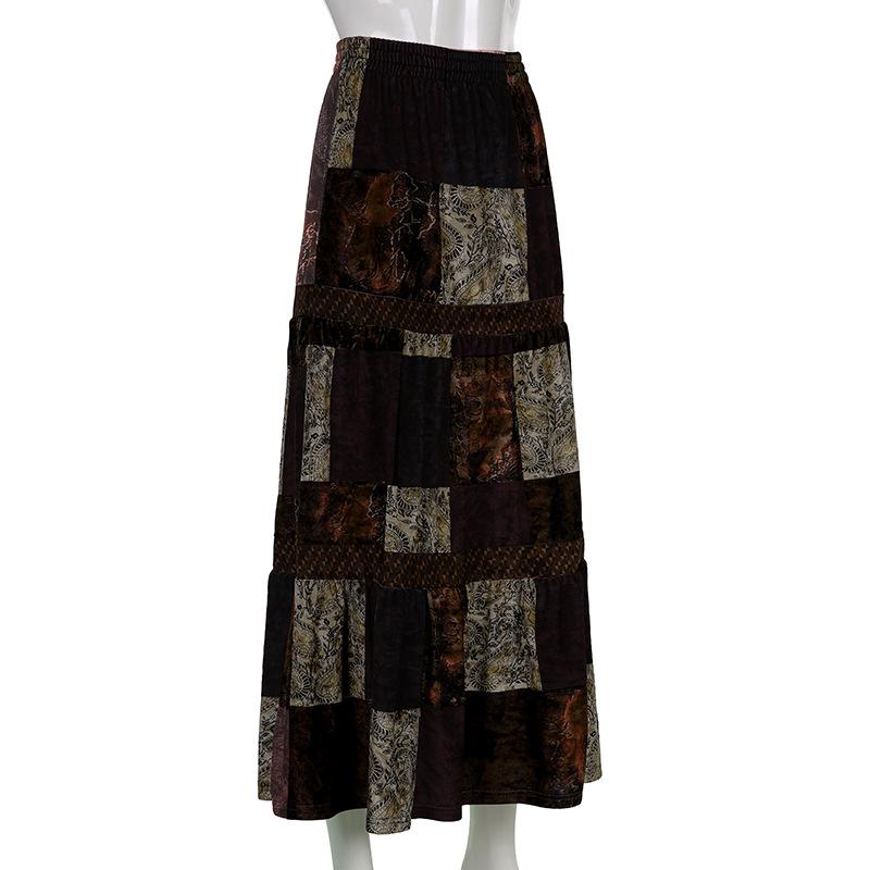 Patchwork contrast ruched medium rise maxi skirt grunge 90s Streetwear Disheveled Chic Fashion grunge 90s Streetwear Distressed Fashion