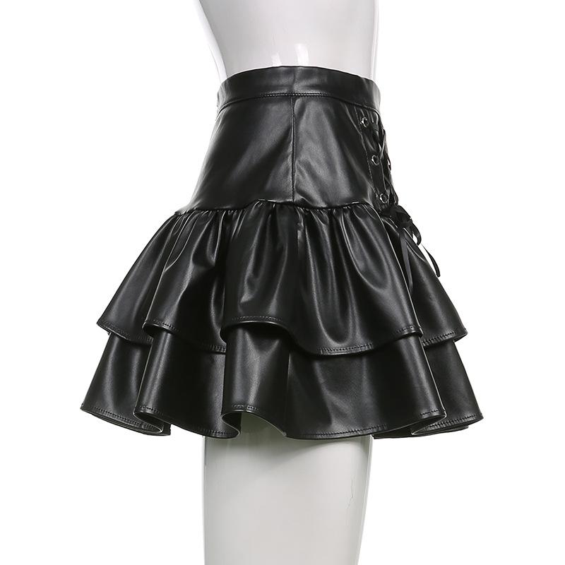 Lace up PU leather ruffle zip-up A line mini skirt