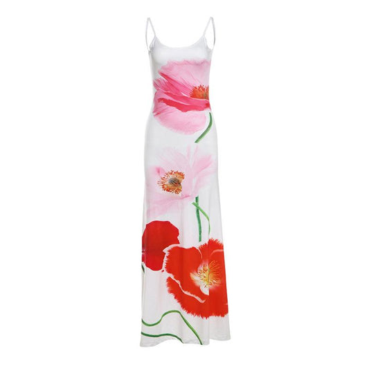 Flower print backless u neck cami maxi dress