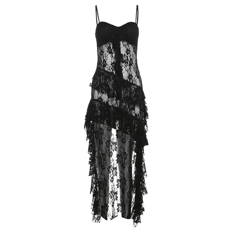 Sweetheart neck lace ruffle see through cami midi dress