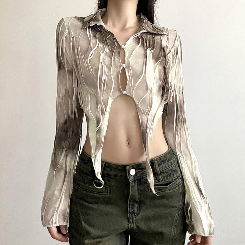 Turnover collar textured button tie dye long sleeve crop top