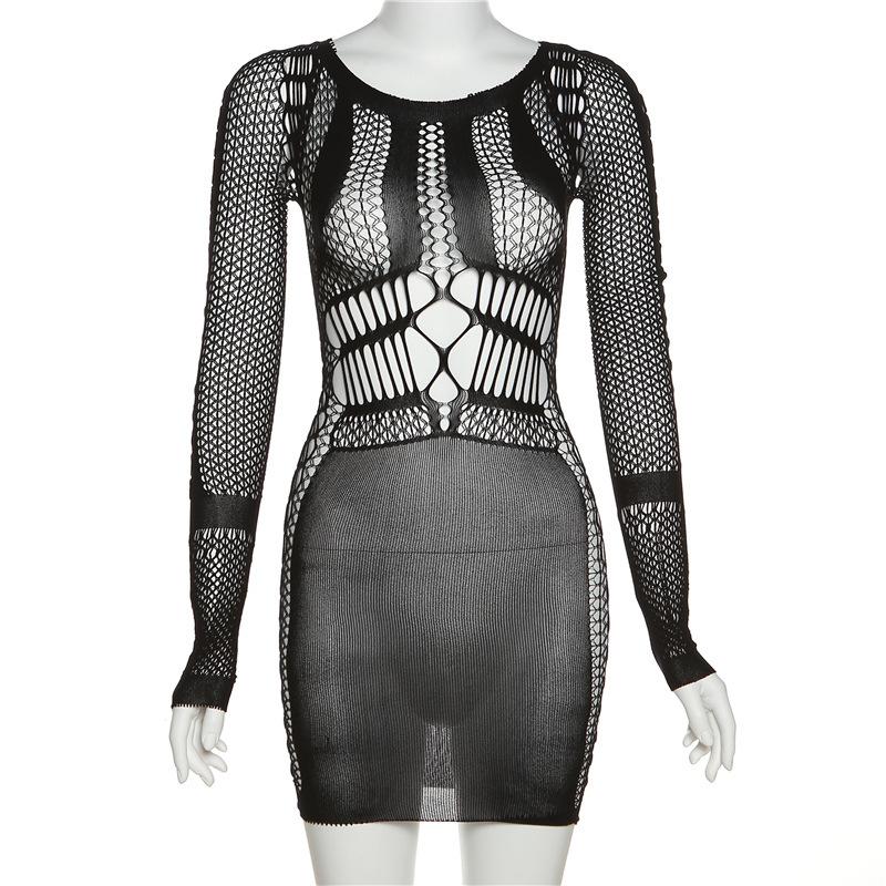 Fishnet long sleeve round neck hollow out see through solid mini dress y2k 90s Revival Techno Fashion