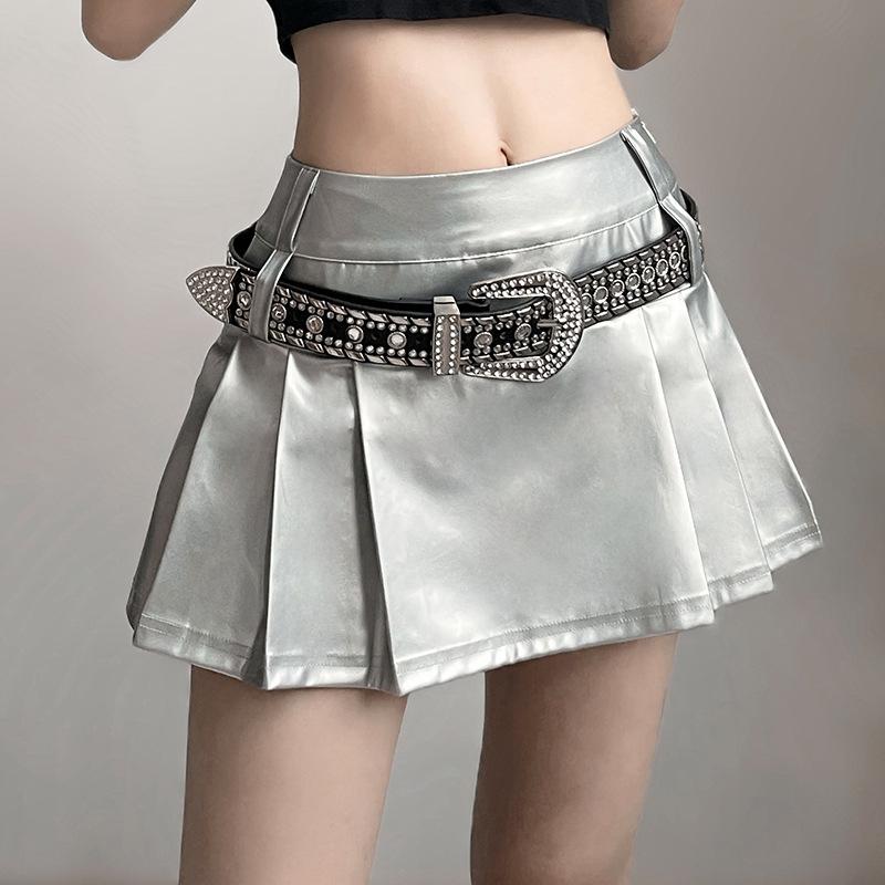 Zip-up metallic pleated medium rise solid mini skirt y2k 90s Revival Techno Fashion