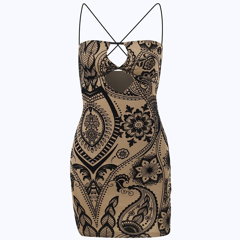 Hollow out mesh print cross back cami mini dress