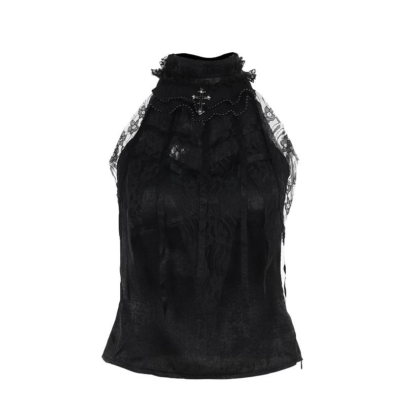 High neck velvet ruffle lace cross applique top