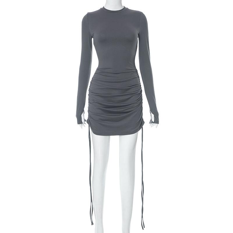 Long sleeve drawstring gloves solid mini dress