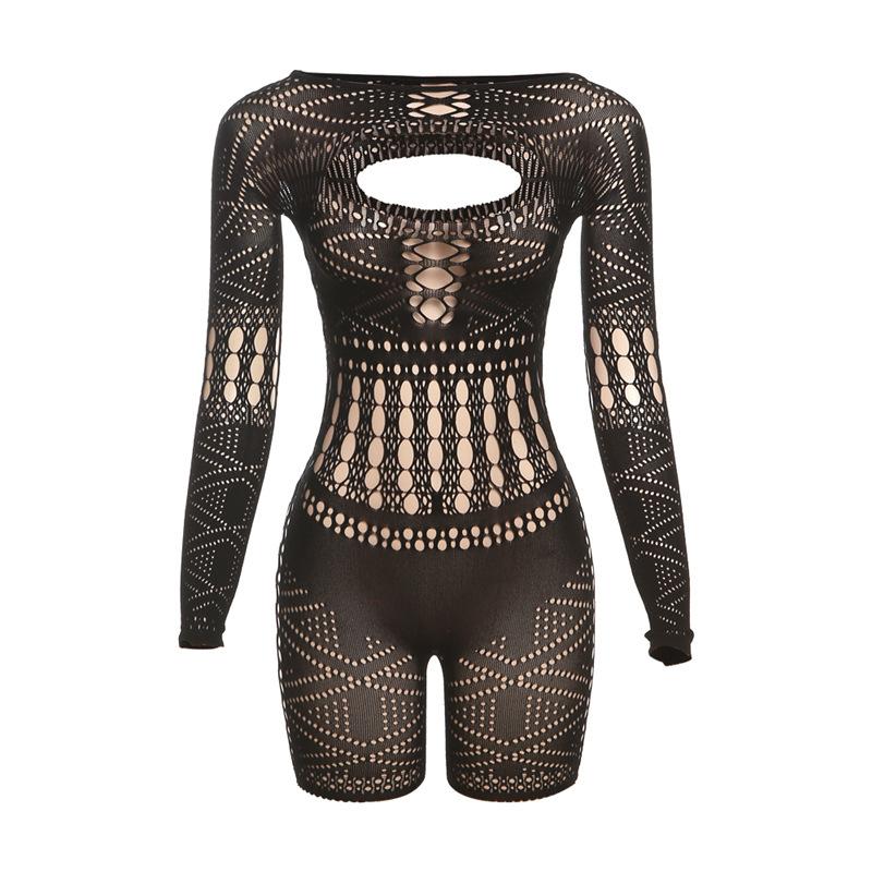 Long sleeve hollow out fishnet solid romper y2k 90s Revival Techno Fashion