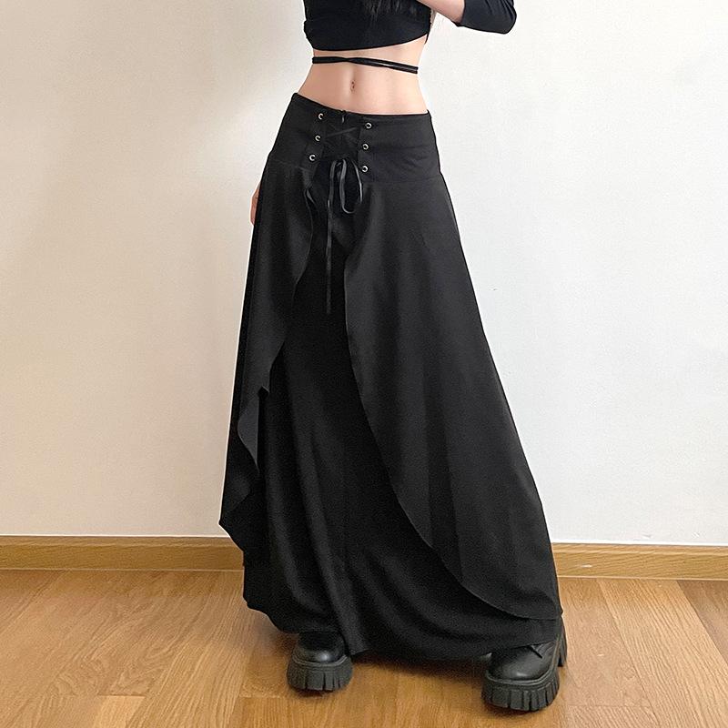 Solid lace up patchwork zip-up low rise maxi skirt y2k 90s Revival Techno Fashion