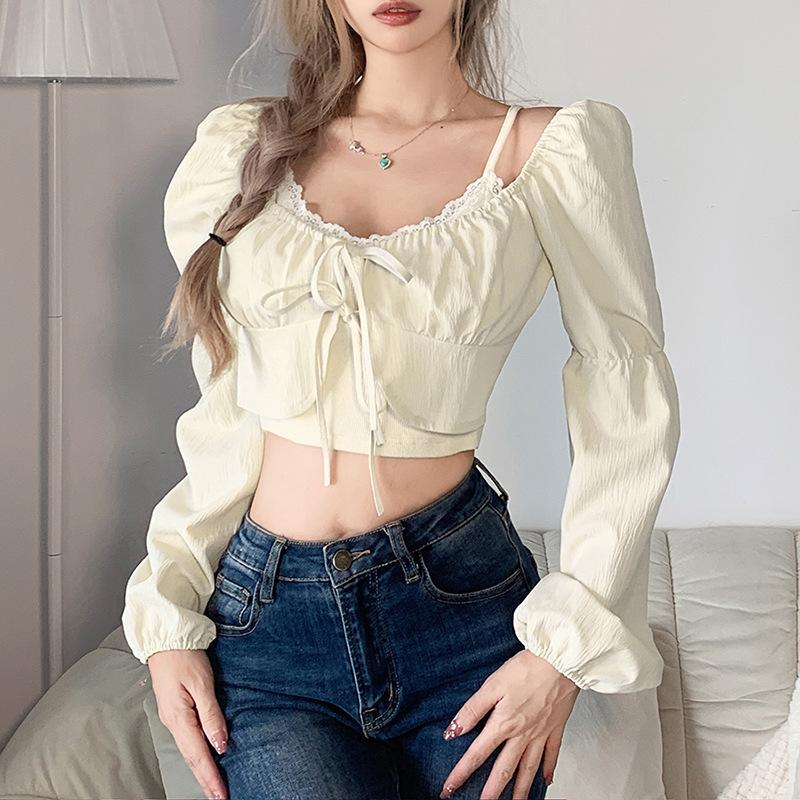 Puff sleeve solid ribbed lace hem patchwork self tie crop top fairycore Ethereal Fashion