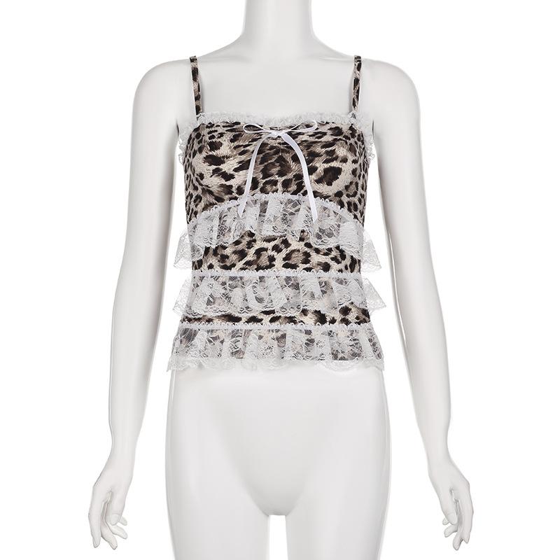 Lace hem bowknot leopard print ruched cami top