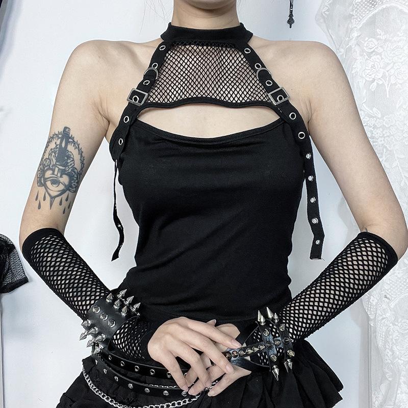 Fishnet gloves patchwork hollow out top