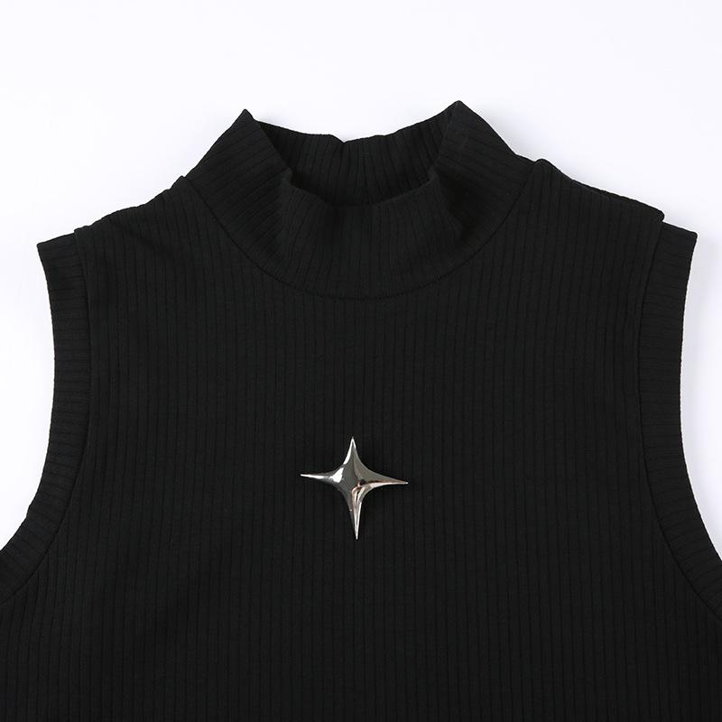 Star applique irregular sleeveless high neck crop top grunge 90s Streetwear Disheveled Chic Fashion grunge 90s Streetwear Distressed Fashion