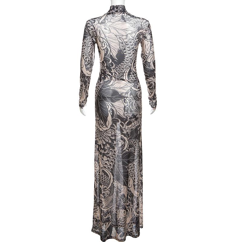 Sheer mesh see through abstract long sleeve high neck maxi dress cyberpunk Sci-Fi punk Fashion cyberpunk Sci-Fi Fashion