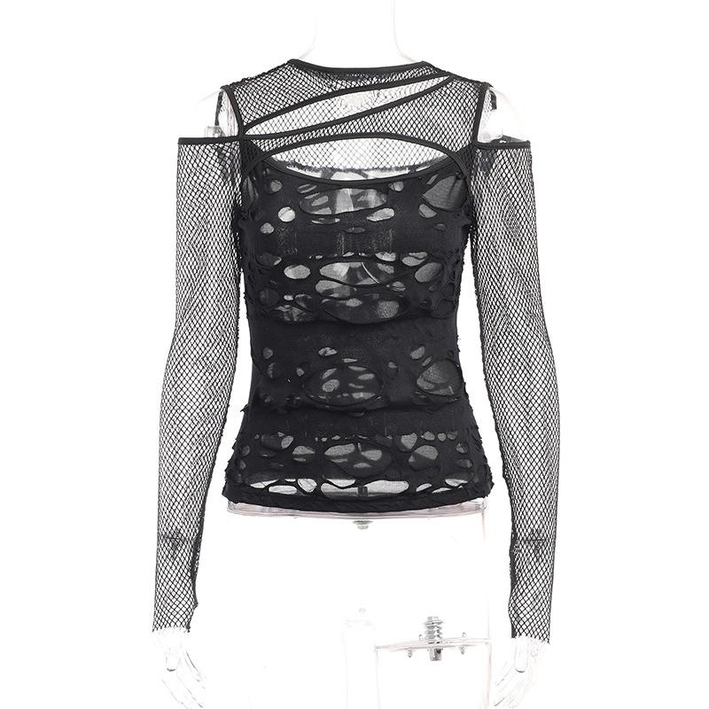 Long sleeve fishnet hollow out irregular see through top