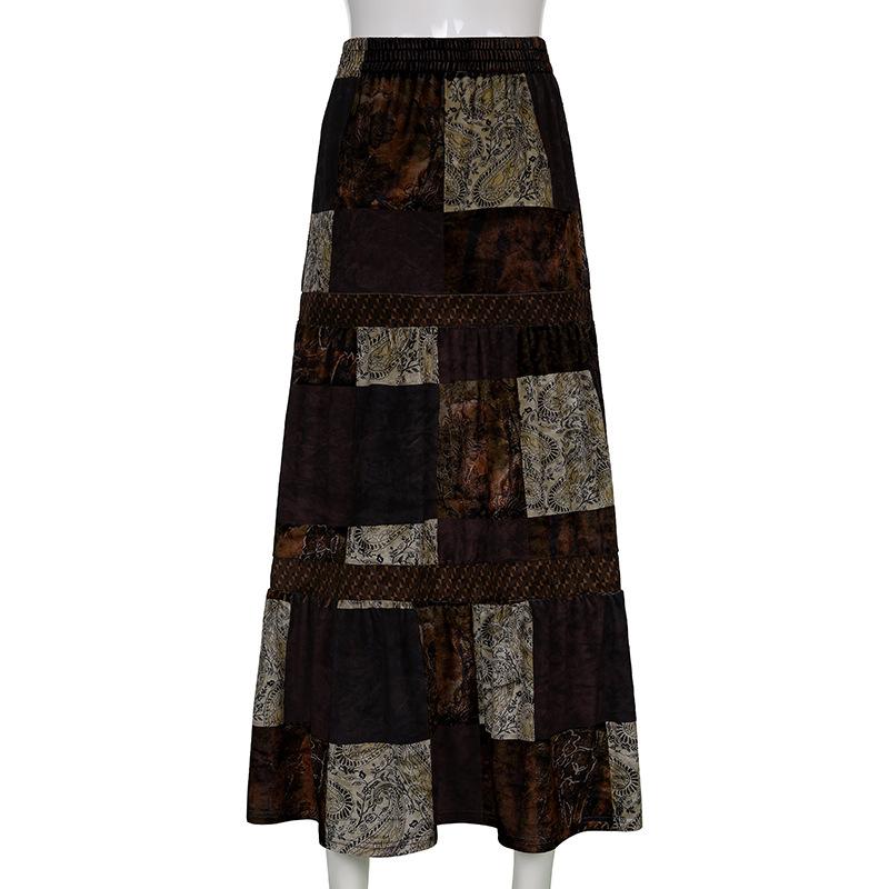 Patchwork contrast ruched medium rise maxi skirt grunge 90s Streetwear Disheveled Chic Fashion grunge 90s Streetwear Distressed Fashion