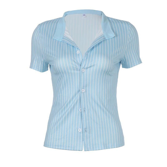 Turnover collar short sleeve striped print button top