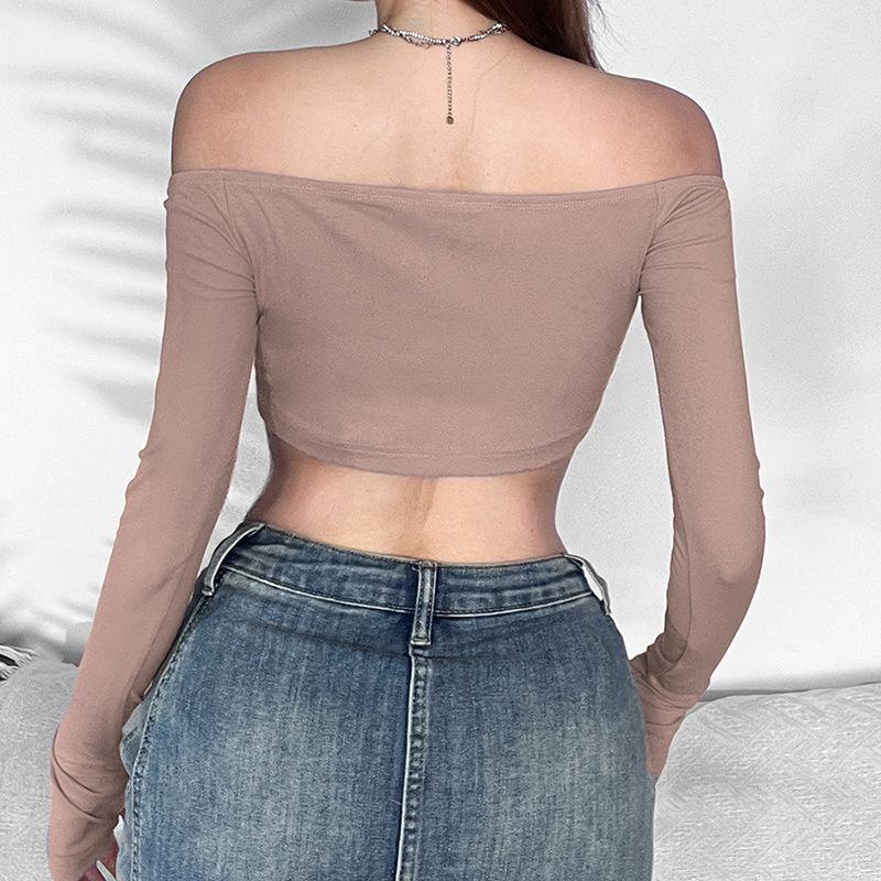 Hollow out off shoulder gloves long sleeve solid crop top y2k 90s Revival Techno Fashion