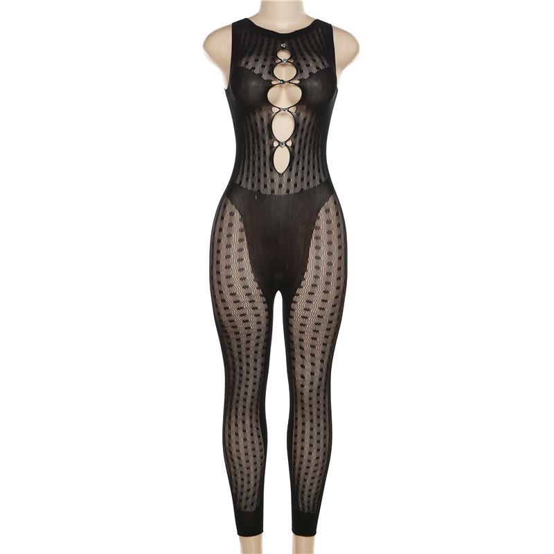 Fishnet button sleeveless solid hollow out jumpsuit goth Emo Darkwave Fashion