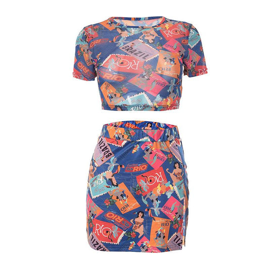 Abstract print mesh short sleeve crewneck contrast mini skirt set cyberpunk Sci-Fi Fashion