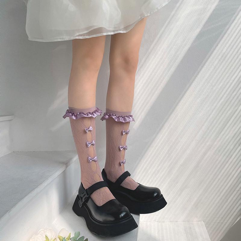 Lace hollow out bowknot satin long socks