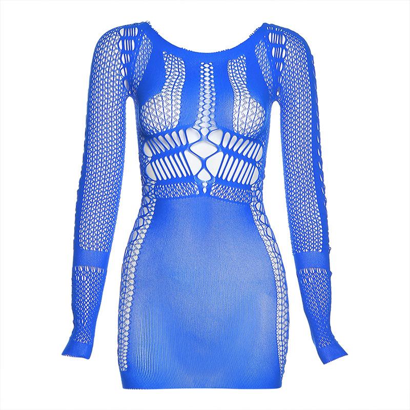 Fishnet long sleeve round neck hollow out see through solid mini dress y2k 90s Revival Techno Fashion